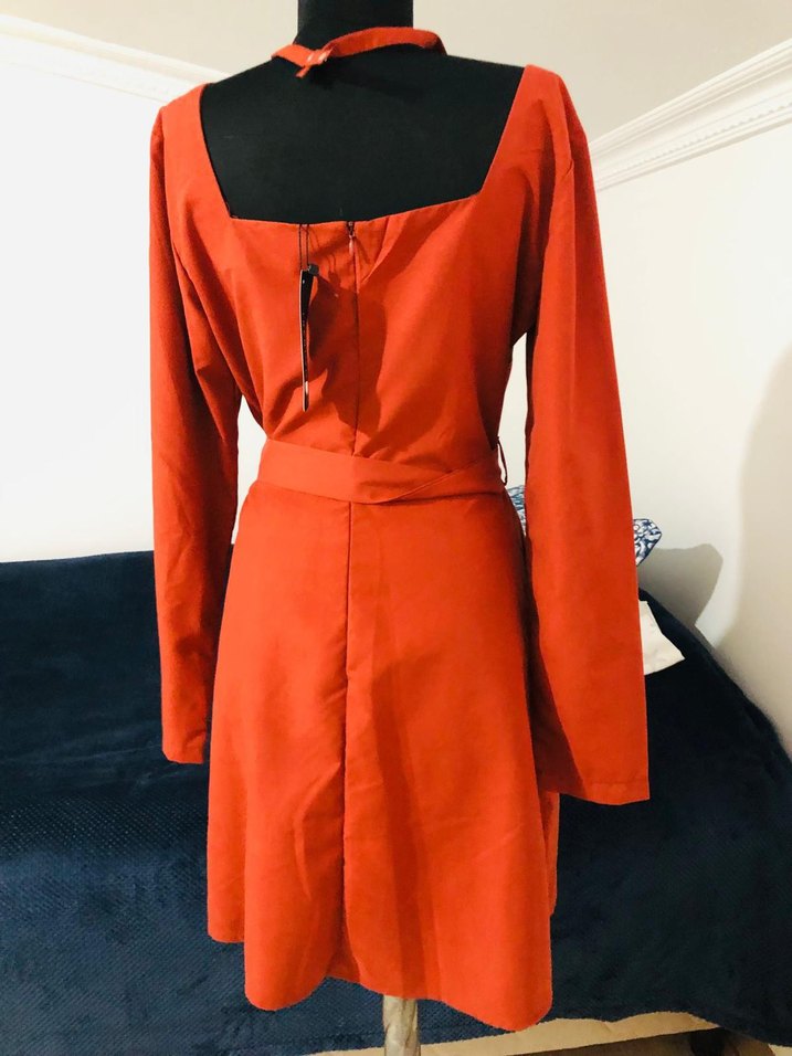 Kiremit rengi Uzun Kollu  mini elbise - Görsel 5