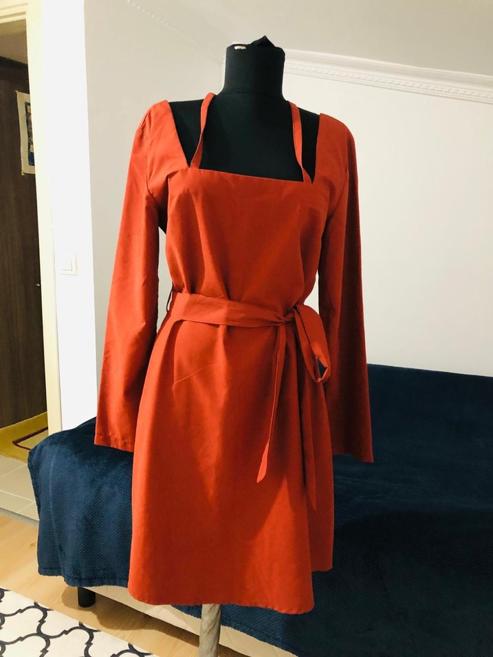 Kiremit rengi Uzun Kollu  mini elbise - Görsel 3