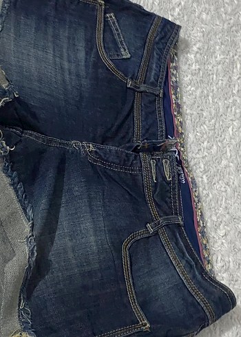 Kadın Koyu Mavi Kemerli Mini Kot Şort - Görsel 5