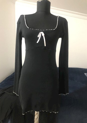 Siyah kare Yaka fitili penye Mini Elbise - Görsel 2