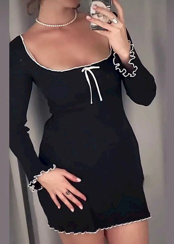 Siyah kare Yaka fitili penye Mini Elbise - Görsel 6