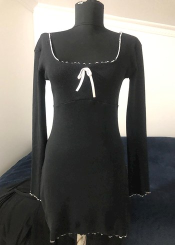 Siyah kare Yaka fitili penye Mini Elbise - Görsel 5