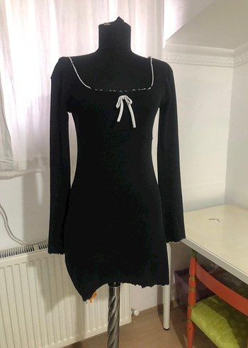 Siyah kare Yaka fitili penye Mini Elbise - Görsel 3