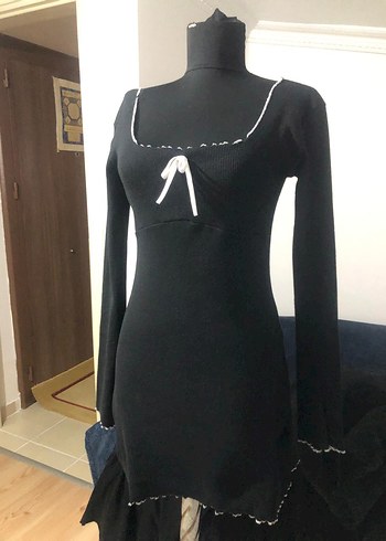 Siyah kare Yaka fitili penye Mini Elbise - Görsel 4