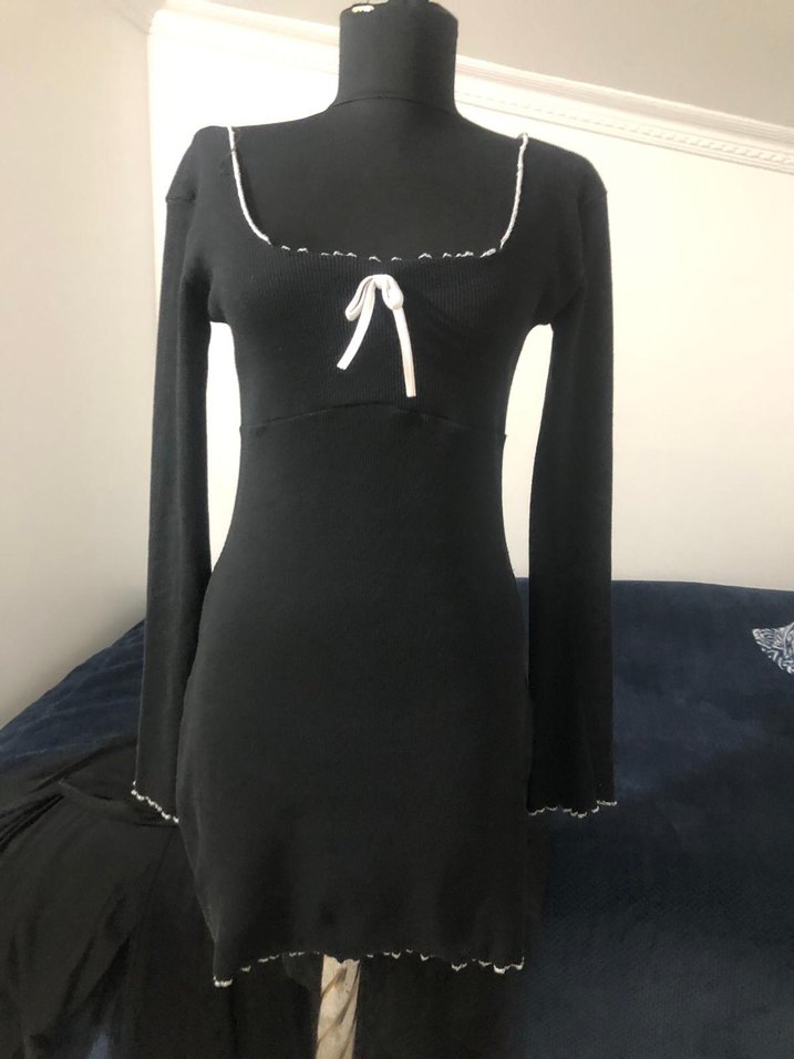 Siyah kare Yaka fitili penye Mini Elbise - Görsel 2