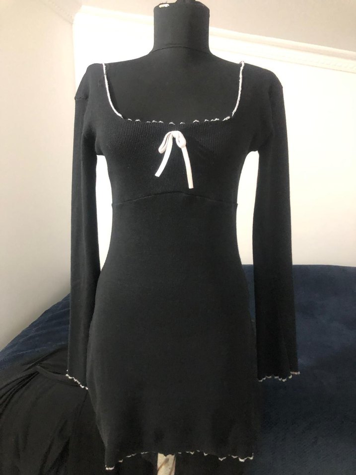 Siyah kare Yaka fitili penye Mini Elbise - Görsel 5