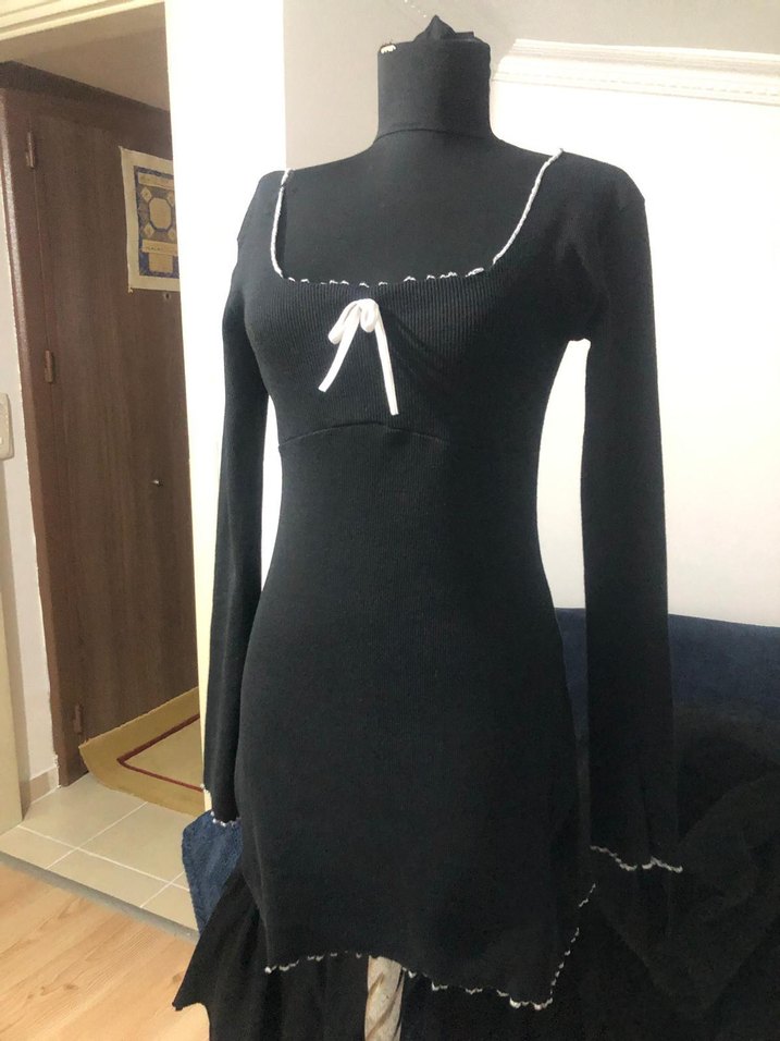 Siyah kare Yaka fitili penye Mini Elbise - Görsel 4