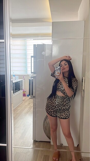 Diğer Leopar saten short takım