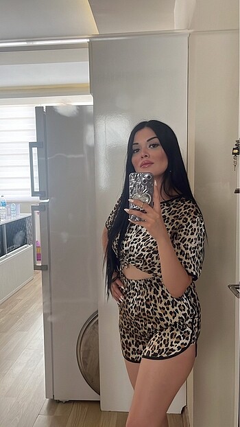 s Beden kahverengi Renk Leopar saten short takım