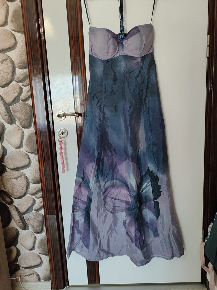 Straplez Uzun Mor Bağlamalı elbise - Görsel 2