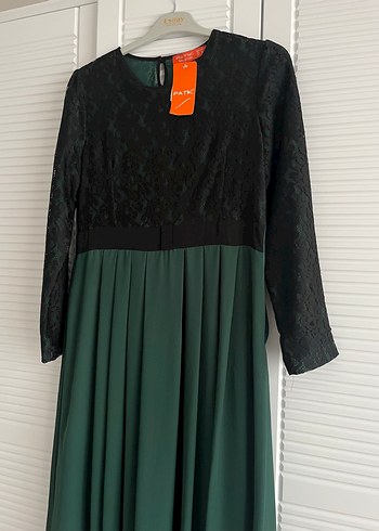 Diğer Uzun Kollu Yeşil Gotik Pilili Elbise