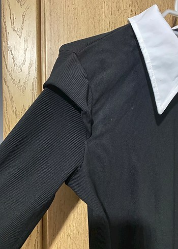 Beyaz Yakalı Siyah Uzun Kollu Elbise - Görsel 2