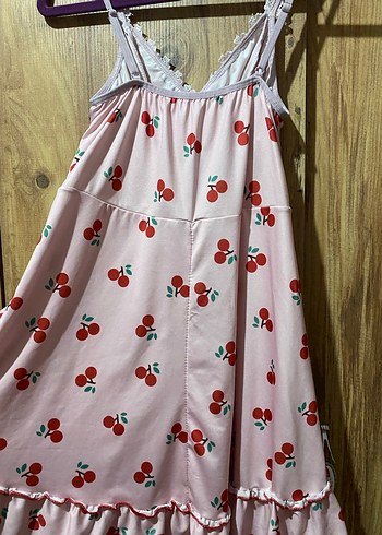 Pembe Kiraz Baskılı Midi Askılı Gecelik - Görsel 3