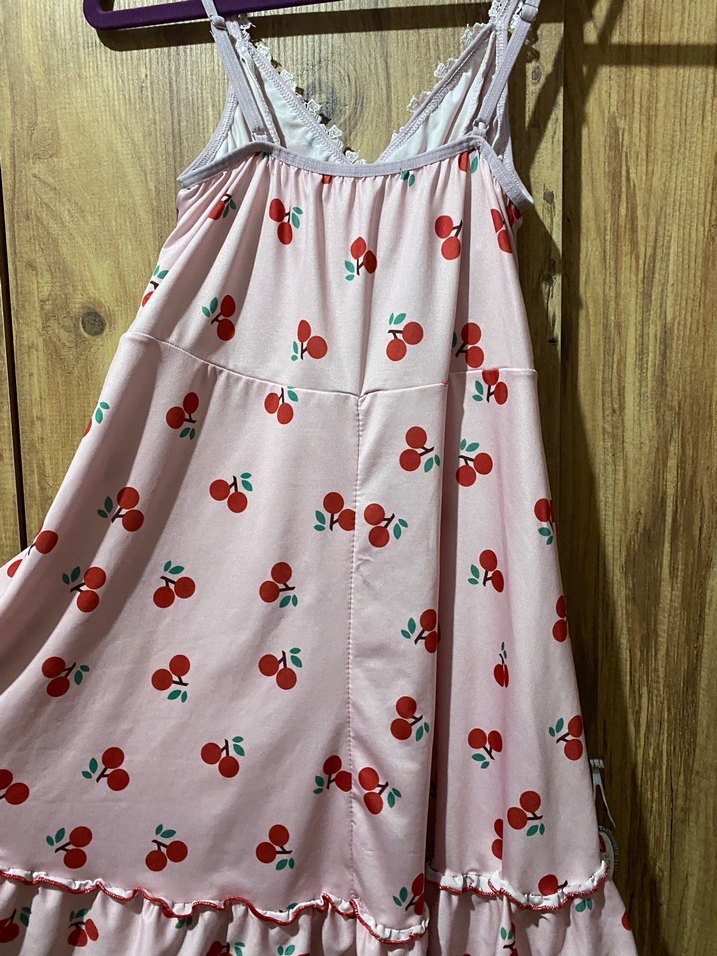 Pembe Kiraz Baskılı Midi Askılı Gecelik - Görsel 3