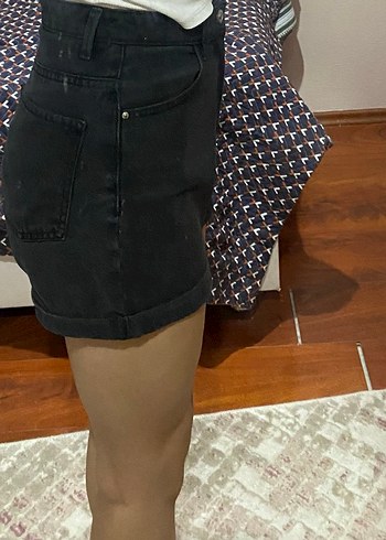 Kadın Siyah Mini Kot Şort Tokalı - Görsel 2