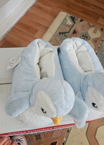 Mavi Gri Peluş Penguen Oyuncaklı Panduf - Görsel 2