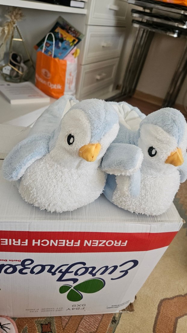 Mavi Gri Peluş Penguen Oyuncaklı Panduf - Görsel 4