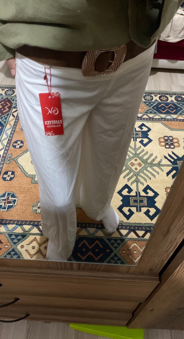 Beyaz -ekte Kemerli Pamuklu Kadın Pantolon - Görsel 2