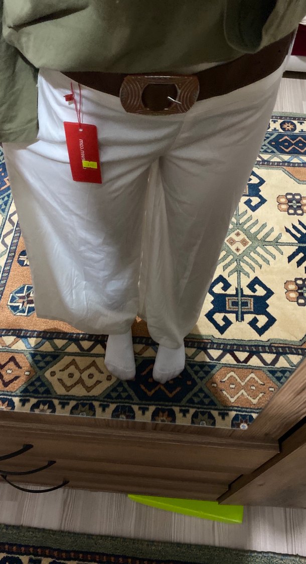 Beyaz -ekte Kemerli Pamuklu Kadın Pantolon - Görsel 3