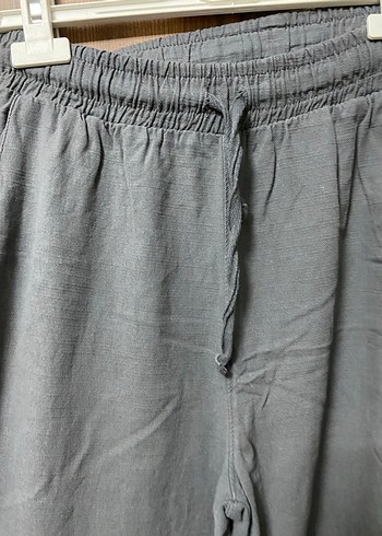 Gri Bol Kesim Keten Kadın Pantolon - Görsel 4