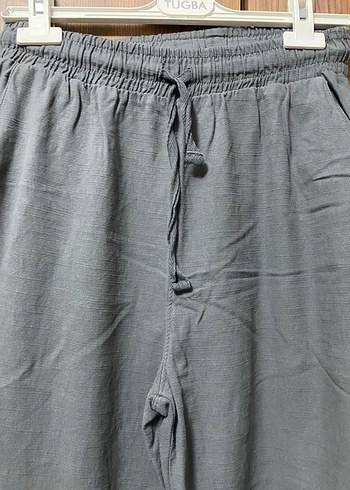 Gri Bol Kesim Keten Kadın Pantolon - Görsel 2