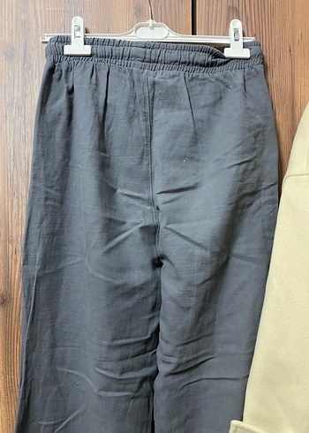 Gri Bol Kesim Keten Kadın Pantolon - Görsel 6