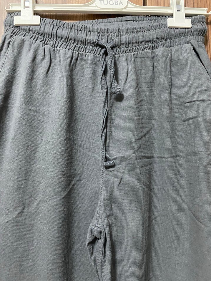 Gri Bol Kesim Keten Kadın Pantolon - Görsel 2