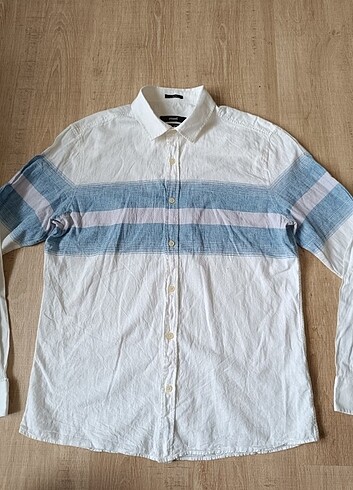 Orjinal mavi keten pamuk gömlek Premium linen slim fit 