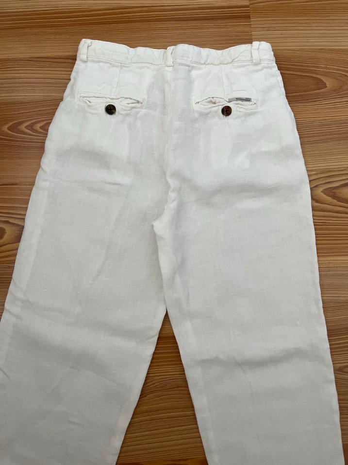 Düğmeli Beyaz Keten Pantolon - Görsel 2