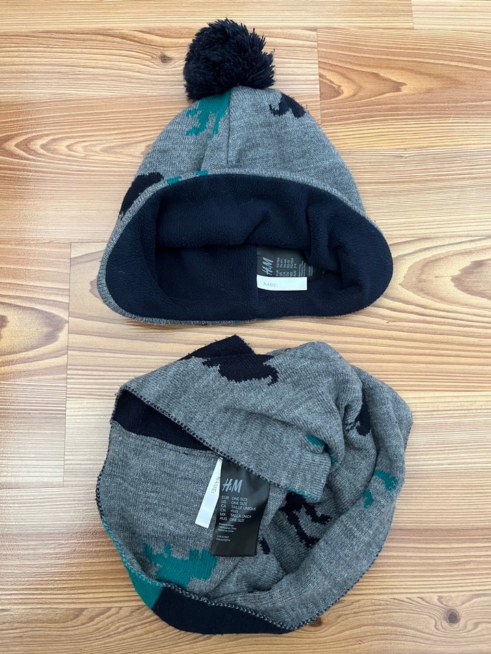 Gri Dinozor Nakışlı Örgü Bere ve Atkı Seti - Görsel 2