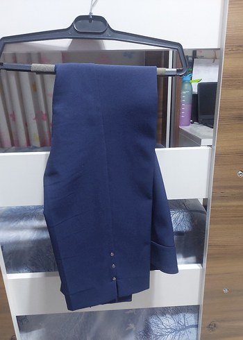 Düğmeli Mavi Kadın Kumaş Pantolon