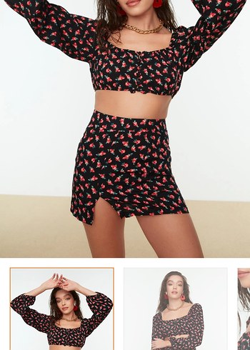 xs Beden siyah Renk Volan Detaylı Mini Etek Crop ikili takım