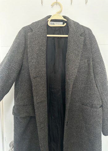 %100 yün Uzun Antrasit Gri Kaban - Görsel 8