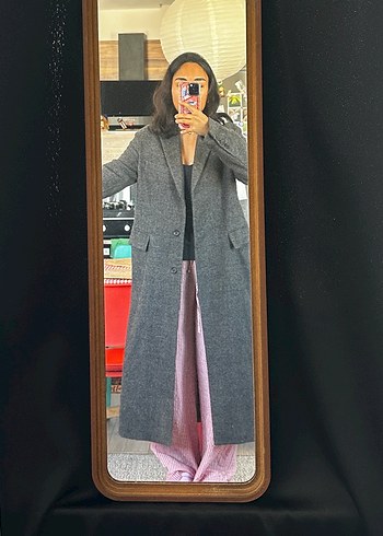 %100 yün Uzun Antrasit Gri Kaban - Görsel 5