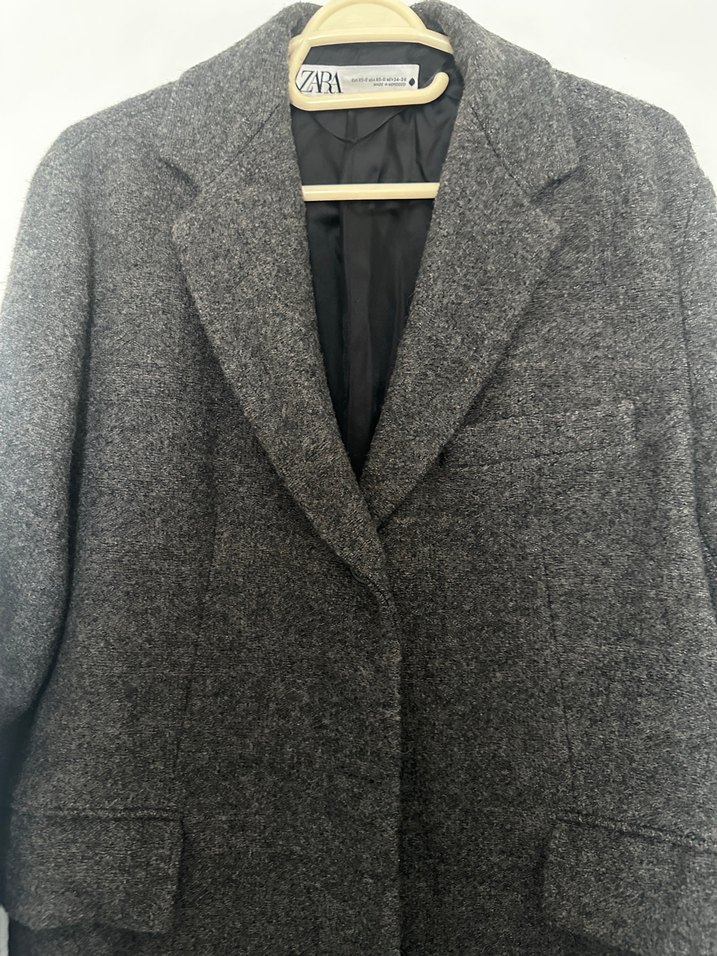 %100 yün Uzun Antrasit Gri Kaban - Görsel 3