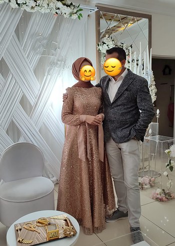 Bej Drapeli Uzun Tesettür Abiye