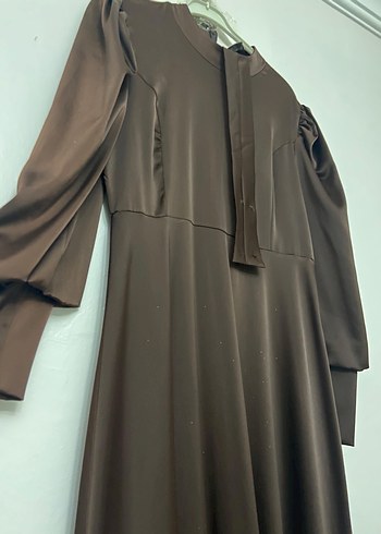 Uzun Kol Drapeli Kahverengi Kadın Elbise - Görsel 3