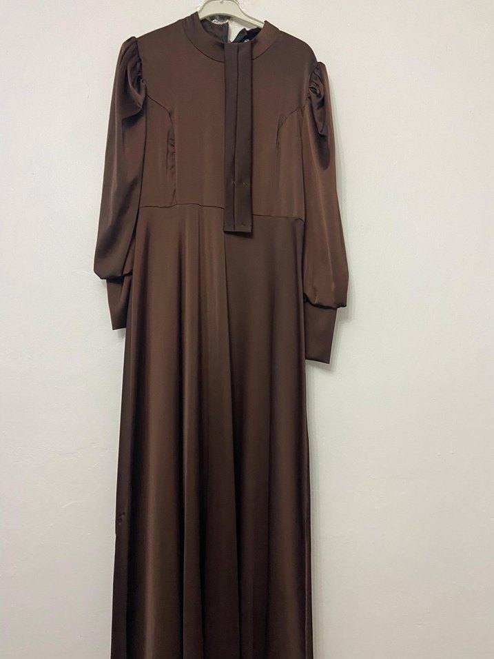 Uzun Kol Drapeli Kahverengi Kadın Elbise - Görsel 2
