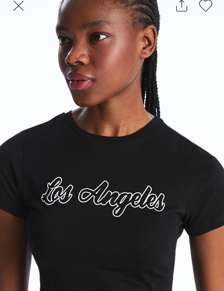 Siyah Los Angeles Baskılı Dantelli Kısa Tişört - Görsel 2