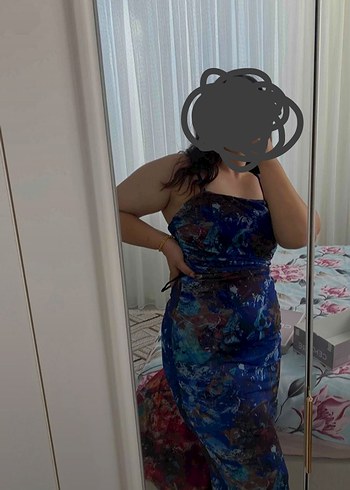 Kadın Mavi Batik Drapeli Desenli Midi Elbise - Görsel 5