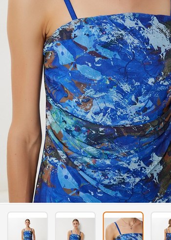 Kadın Mavi Batik Drapeli Desenli Midi Elbise - Görsel 3