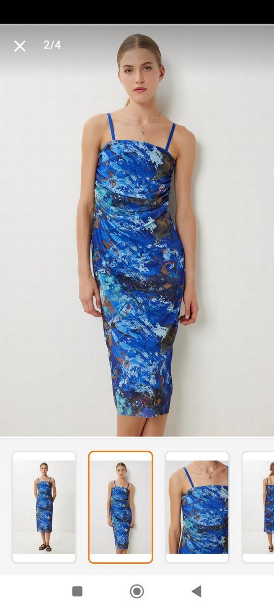 Kadın Mavi Batik Drapeli Desenli Midi Elbise - Görsel 2