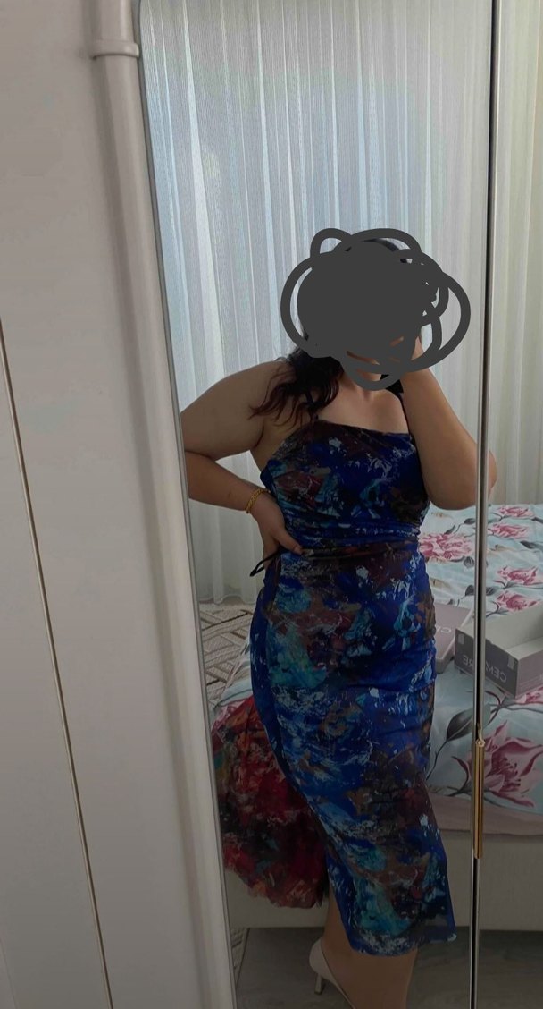 Kadın Mavi Batik Drapeli Desenli Midi Elbise - Görsel 5