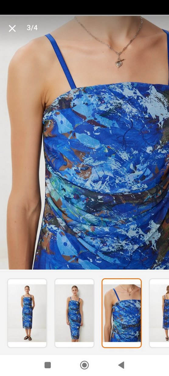 Kadın Mavi Batik Drapeli Desenli Midi Elbise - Görsel 3