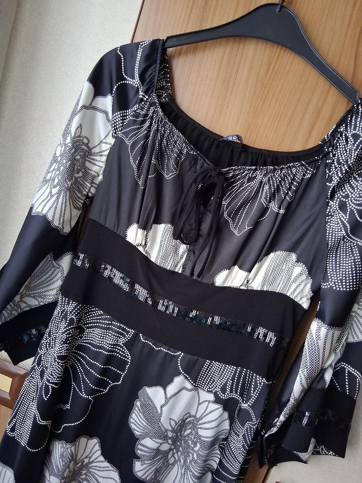 Bohem Siyah Beyaz Uzun Gece Elbisesi - Görsel 3