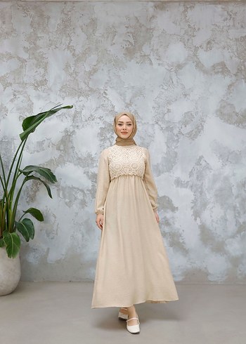 Bej Nakışlı Bohem Uzun Elbise - Görsel 2