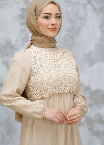 Bej Nakışlı Bohem Uzun Elbise - Görsel 4