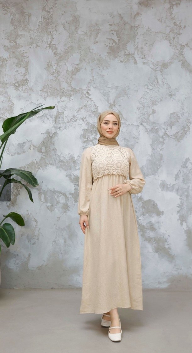 Bej Nakışlı Bohem Uzun Elbise - Görsel 3