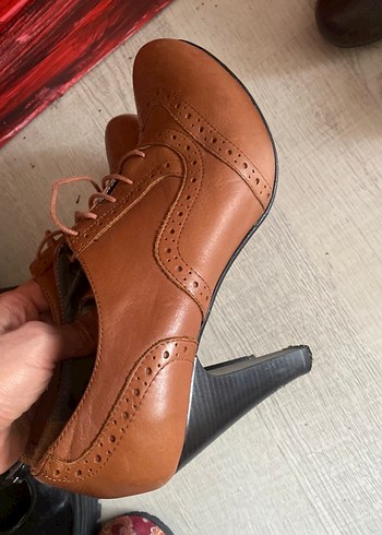 Deri Bej Bağcıklı Dolgu Topuk Kadın Ayakkabı - Görsel 3