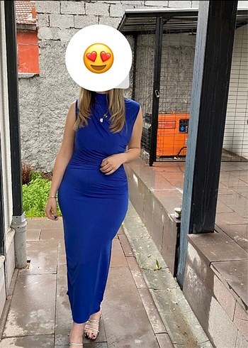 Parlak Mavi Uzun Drapeli Kadın Elbise - Görsel 2